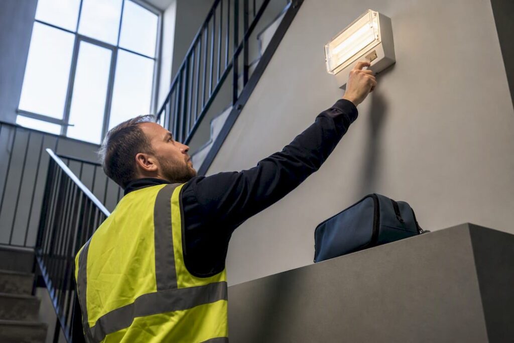 Inspector testing emergency lighting in stairwell