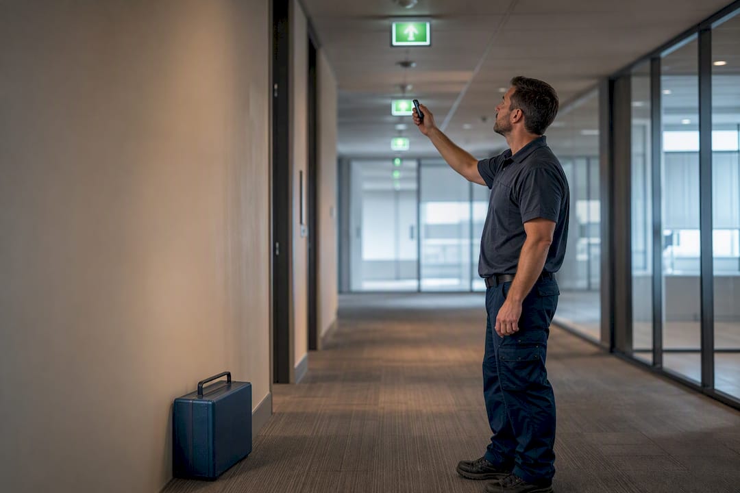 Technician conducting emergency lighting duration test