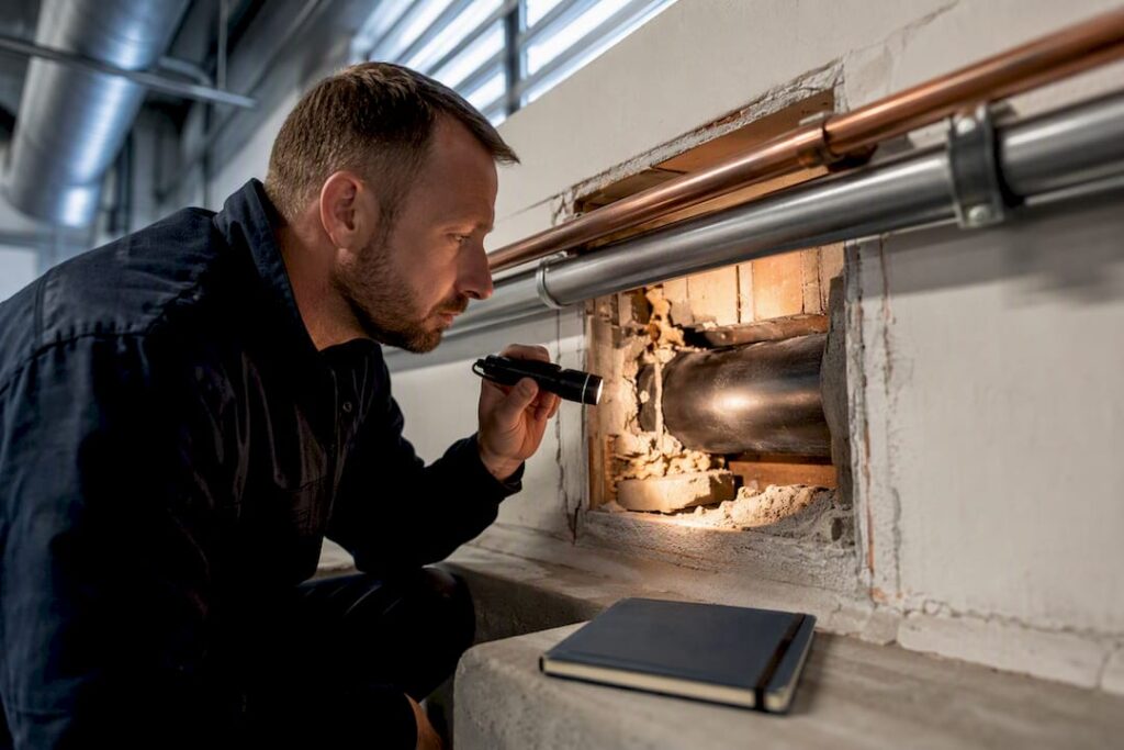 Assessor inspecting fire compartmentation in plant room