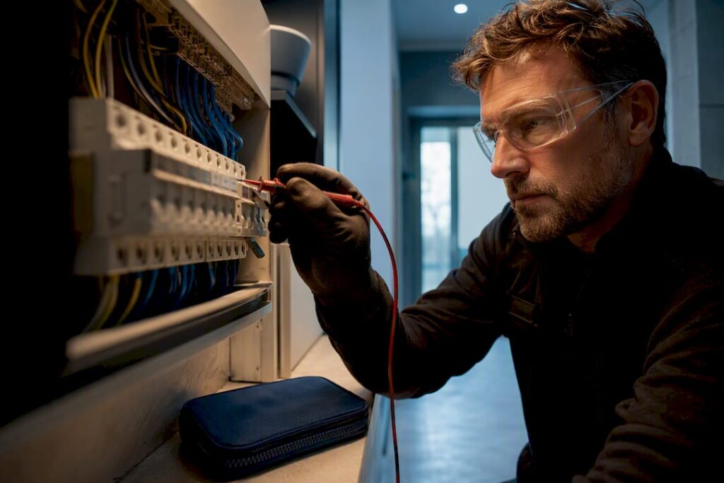 Electrician testing a domestic consumer unit