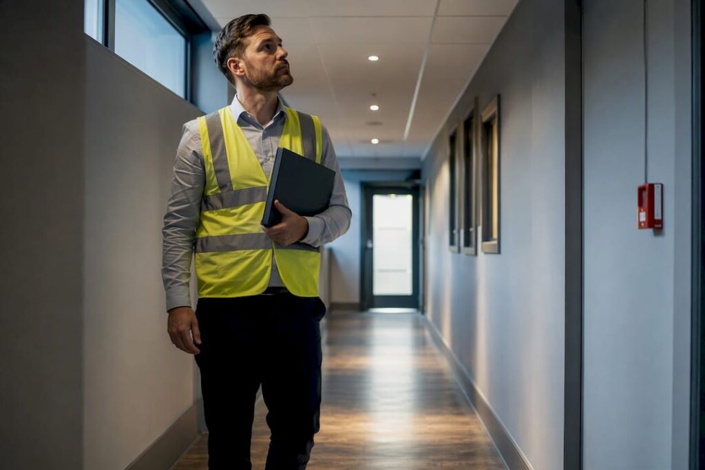 Fire risk assessor inspecting commercial escape route