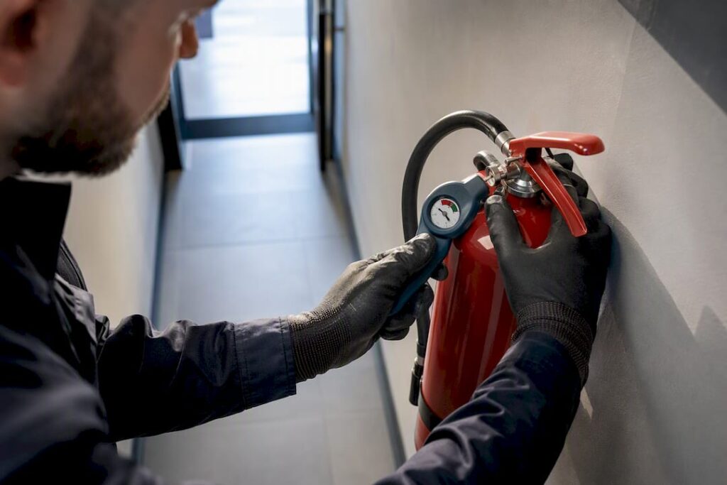 Technician checking a fire extinguisher