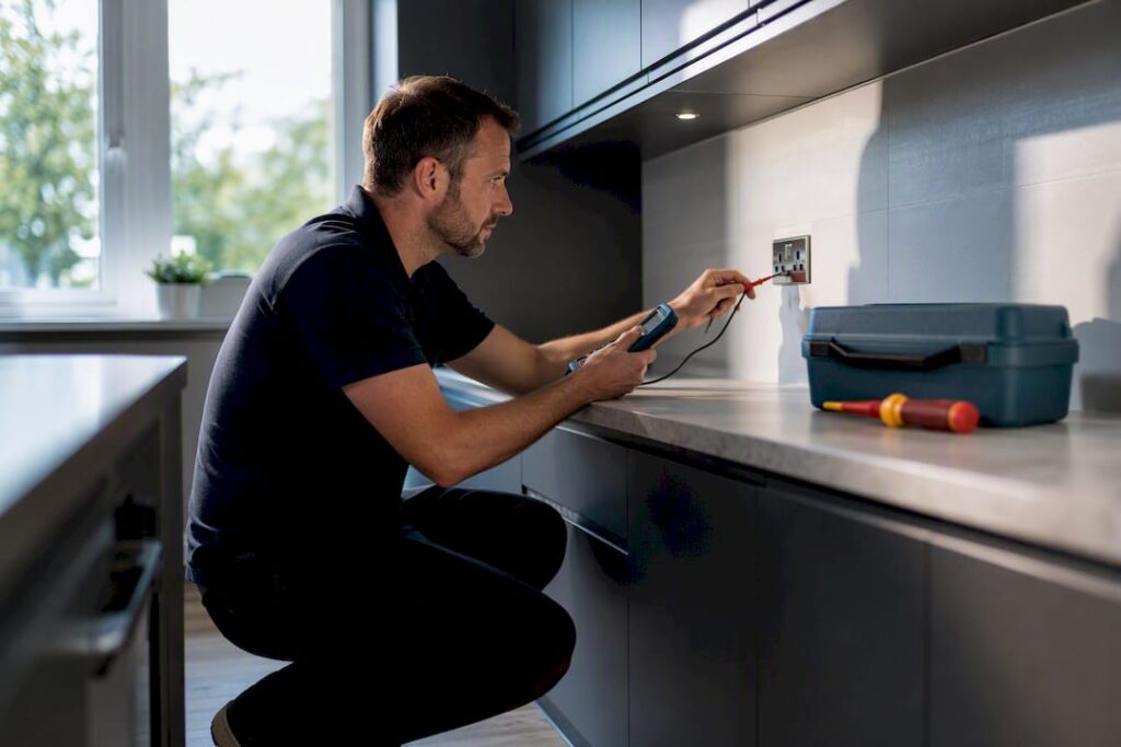 Inspector checking electrical socket in rental kitchen
