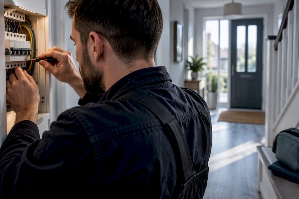 Electrician inspecting fixed wiring in rental property