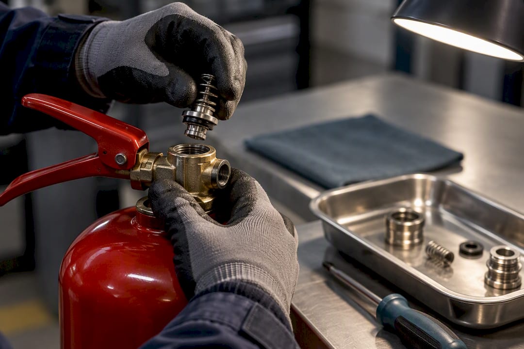 Technician inspecting extinguisher valve assembly