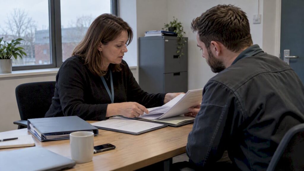 Manager reviewing fire assessor credentials