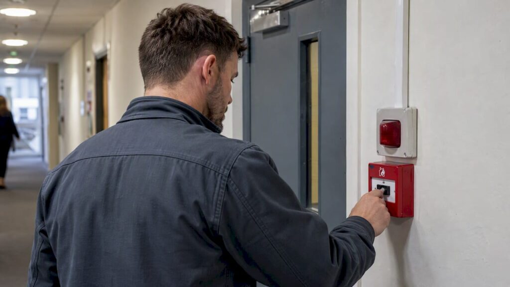 Engineer testing a commercial fire alarm