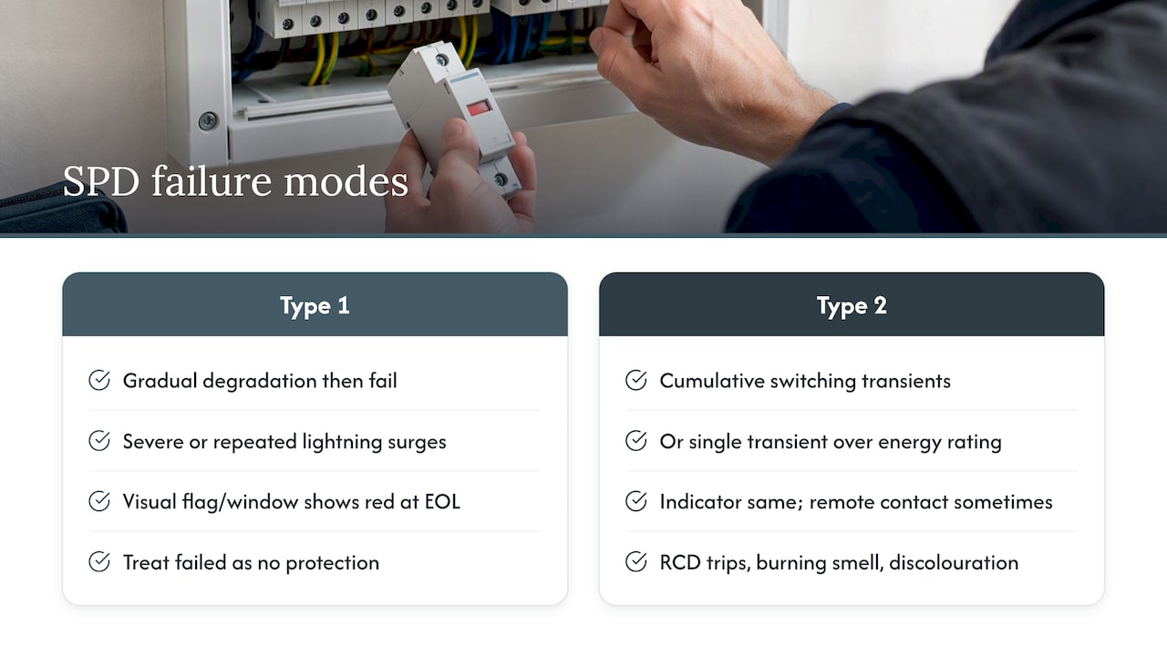 How Type 1 and Type 2 SPDs fail and what to look for — overview diagram