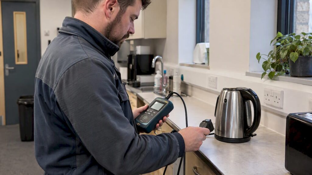Technician testing a workplace electrical appliance