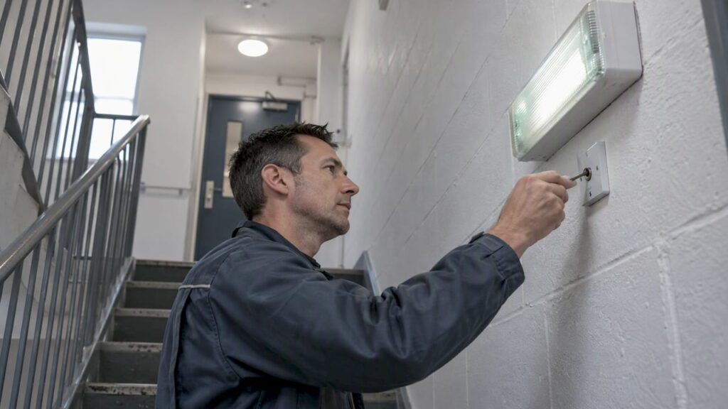 Technician testing a stairwell emergency light