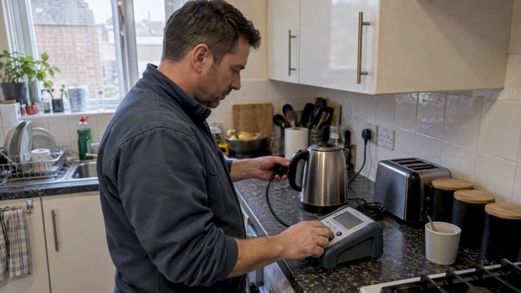 Technician testing a kettle in an HMO kitchen