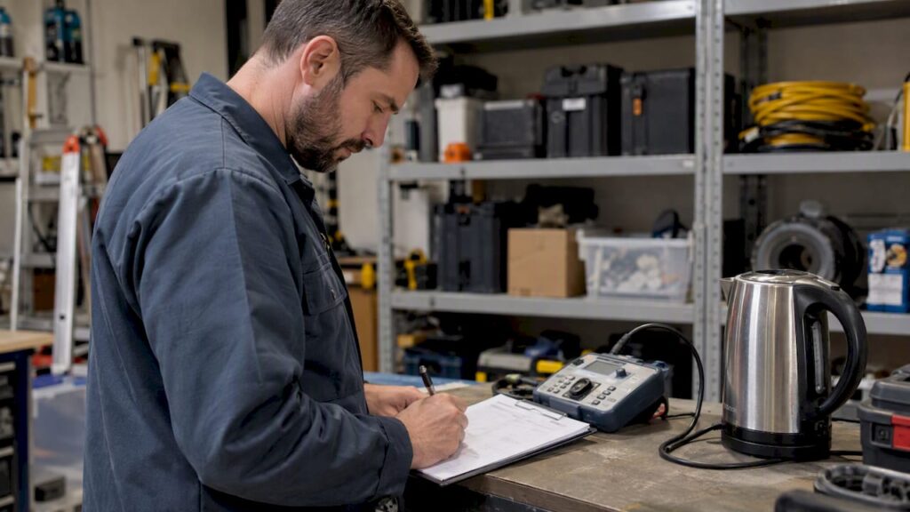 Electrician recording a PAT test result