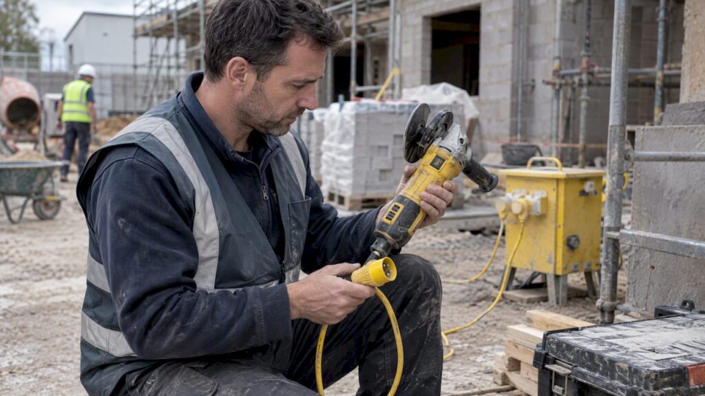 Engineer inspecting a portable site power tool