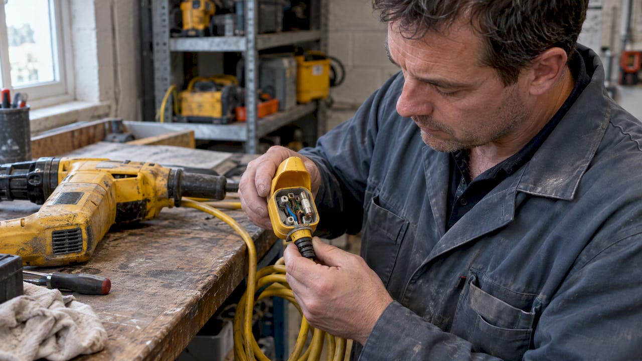Engineer inspecting an unplugged 110V tool plug