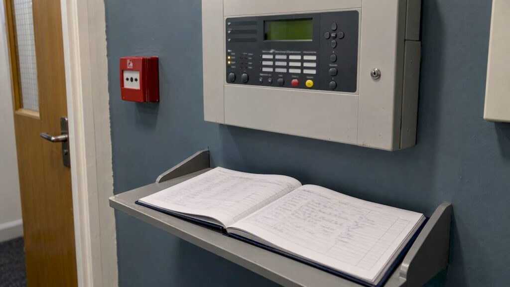 Fire alarm logbook beside its control panel